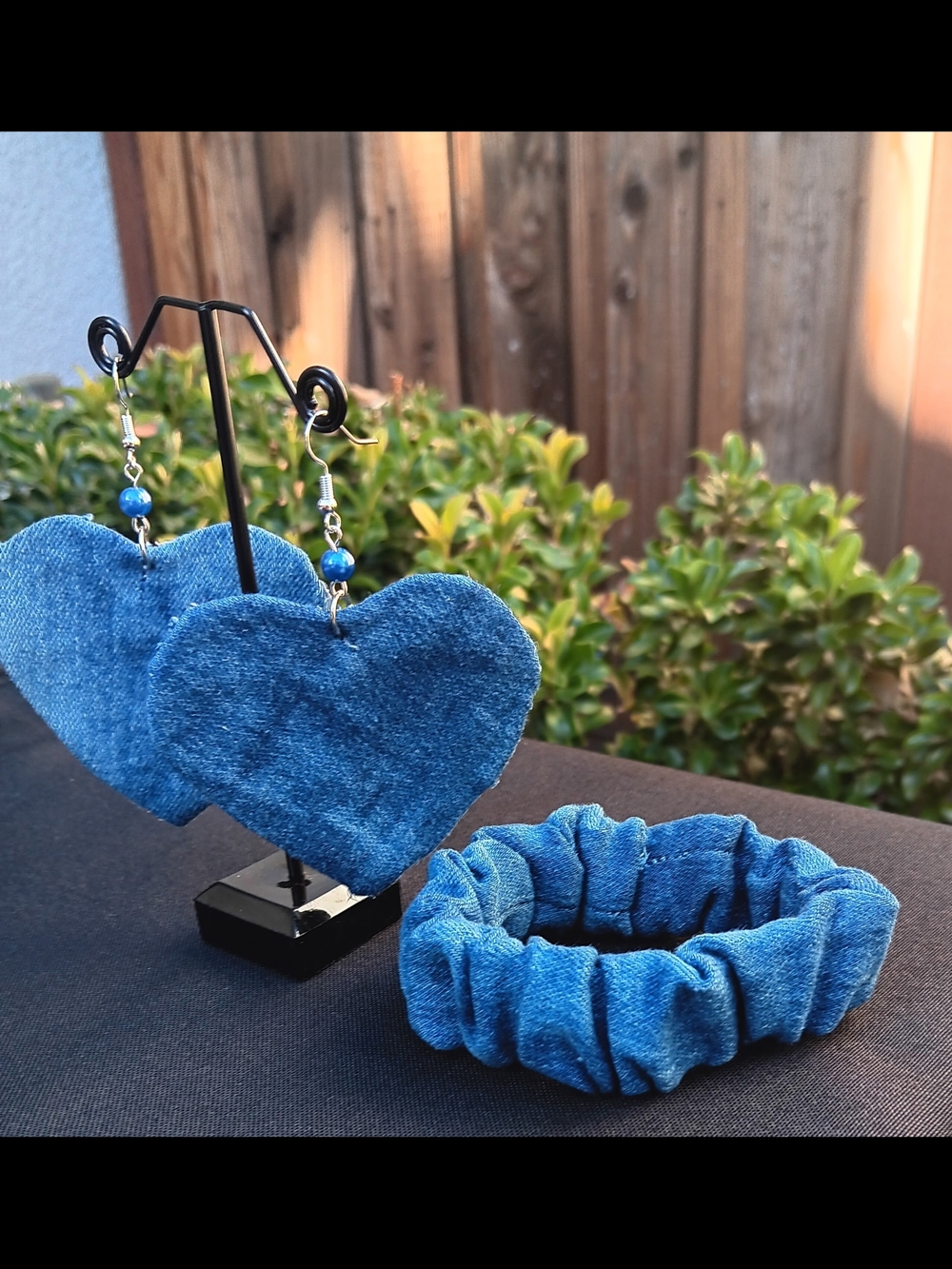 Denim Blue Heart Earrings and Scrunchie Set - Women Accessories